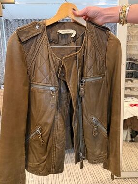 Isabel Marant Olive Brown Quilted Leather Moto Jacket